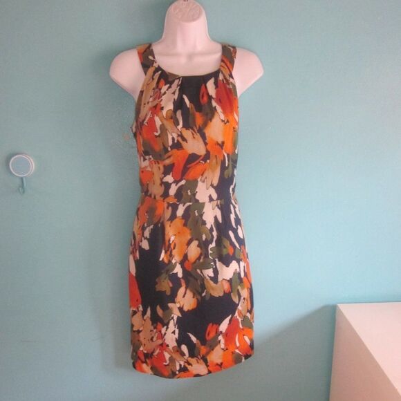 212 Collection Womens Dress Size 6 Orange and Navy Floral Rear Zip 34 -28 -38 - Picture 1 of 12
